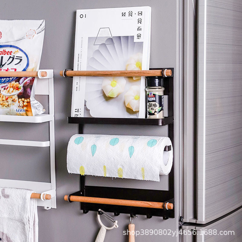 Wrought iron storage racks, kitchen storage racks, magnetic refrigerator racks, side hanging multi-purpose fresh-keeping bags, no punching and seasoning storage