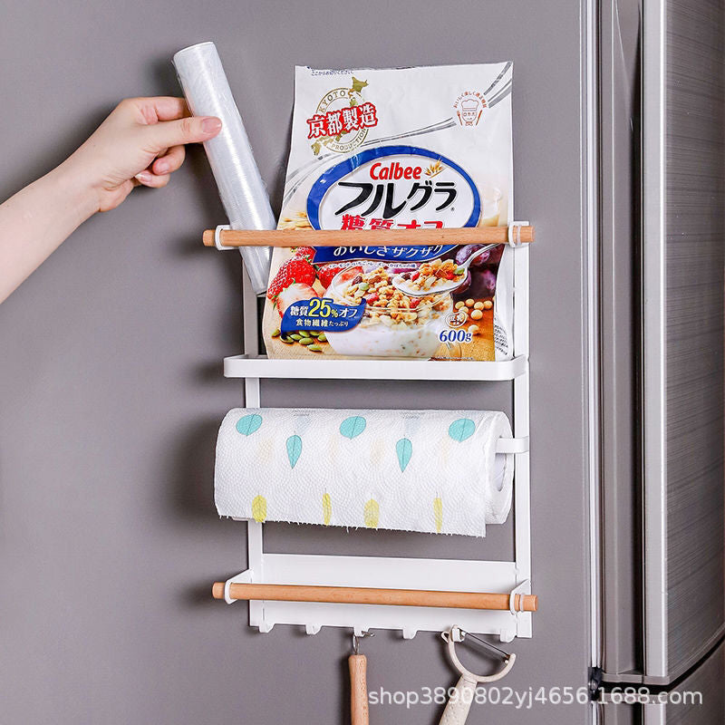 Wrought iron storage racks, kitchen storage racks, magnetic refrigerator racks, side hanging multi-purpose fresh-keeping bags, no punching and seasoning storage