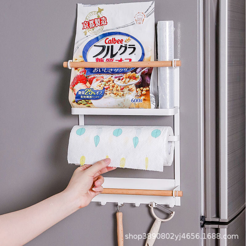 Wrought iron storage racks, kitchen storage racks, magnetic refrigerator racks, side hanging multi-purpose fresh-keeping bags, no punching and seasoning storage