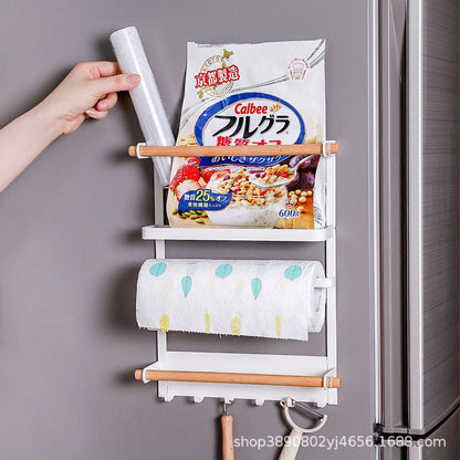 Wrought iron storage racks, kitchen storage racks, magnetic refrigerator racks, side hanging multi-purpose fresh-keeping bags, no punching and seasoning storage